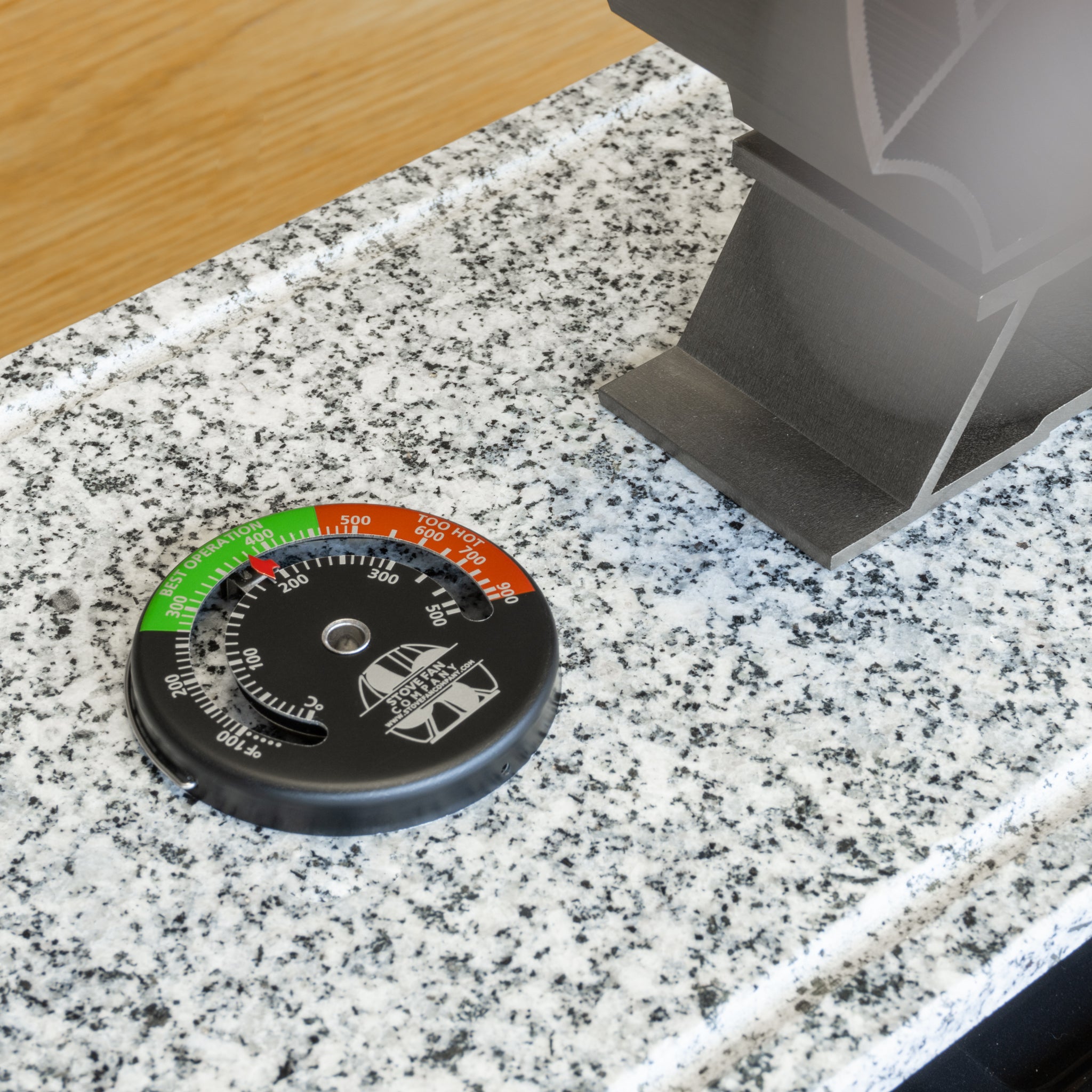 Wood Stove Thermometer on stove surface