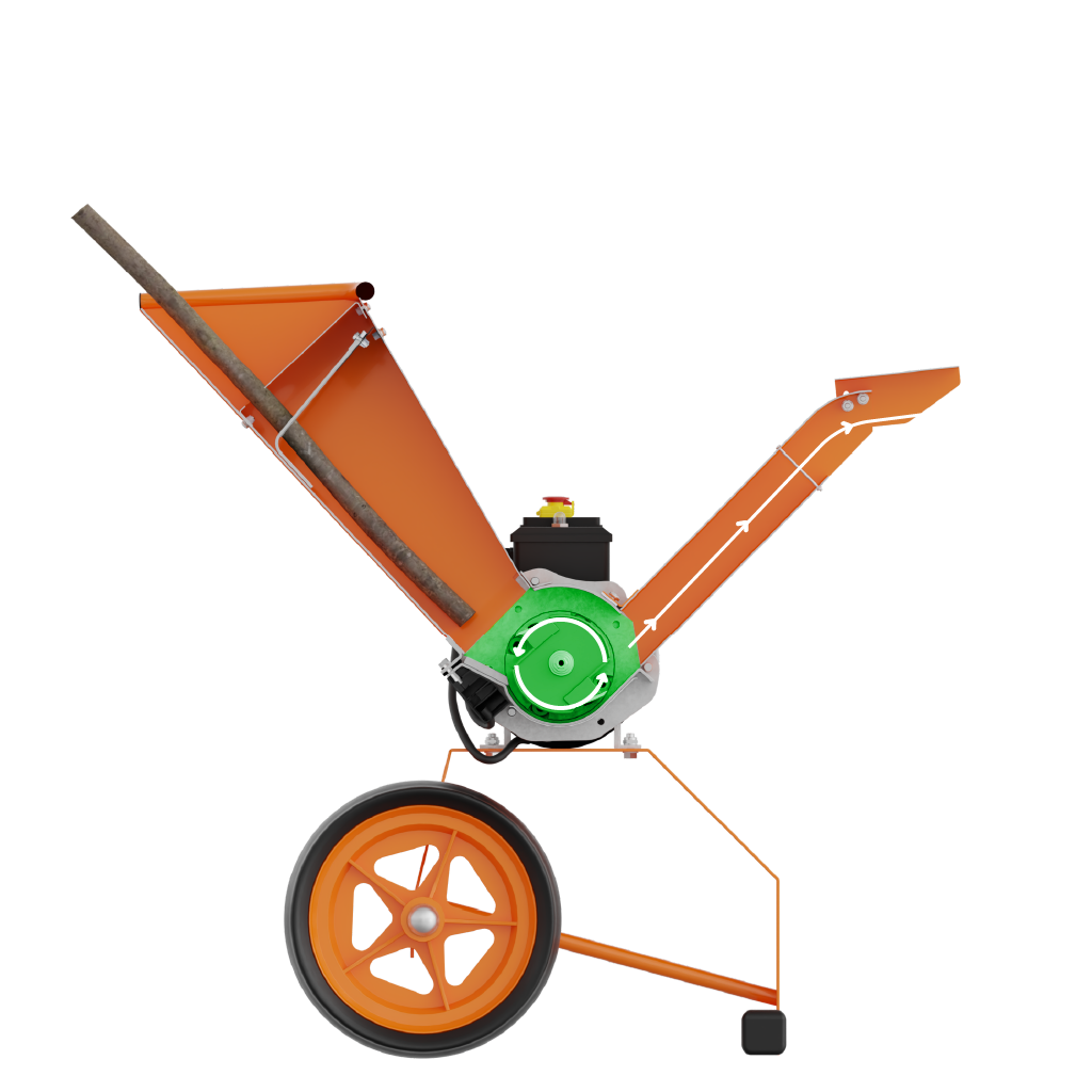 Wood chipper showing branch feed and discharge chute