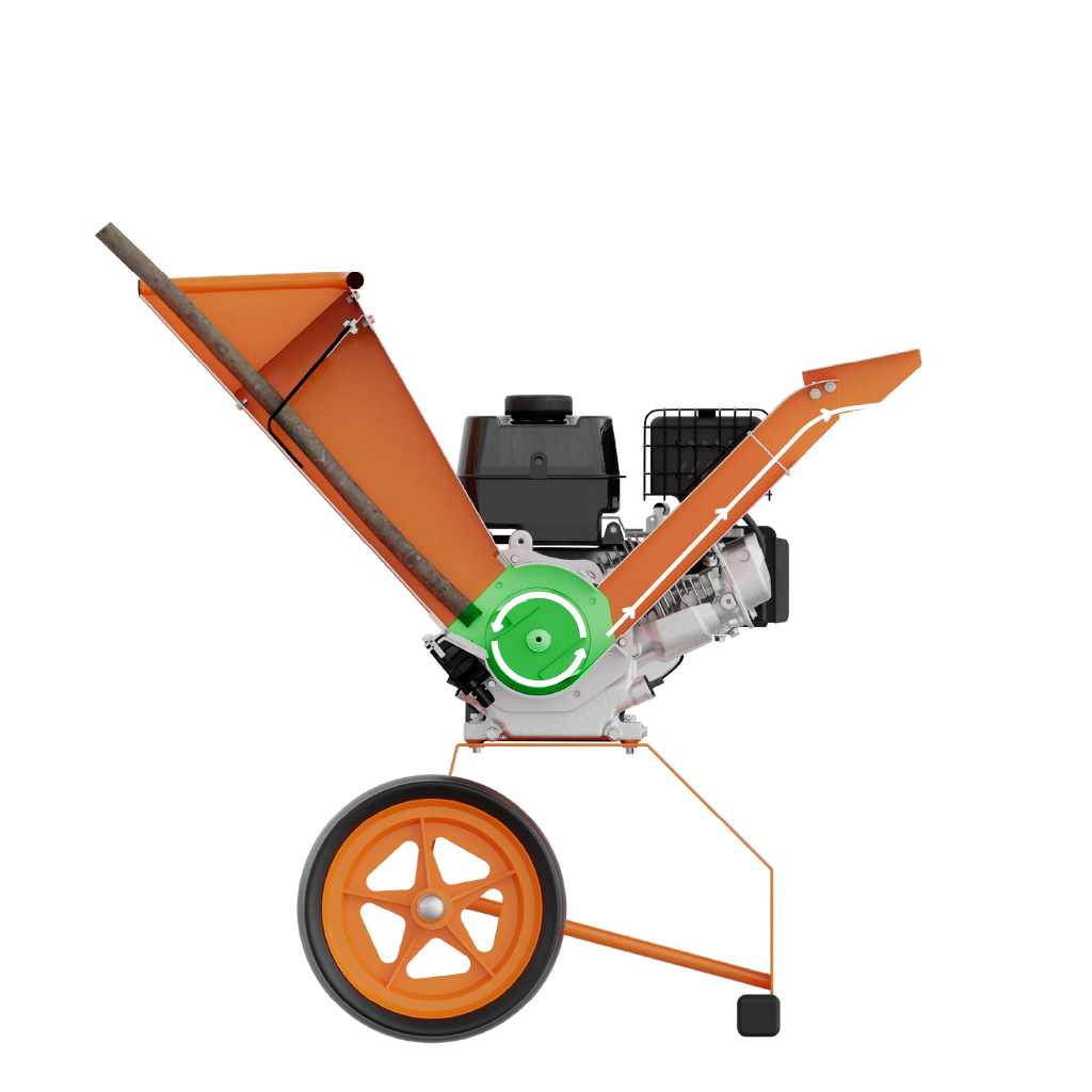 Wood chipper showing branch feed and discharge chute