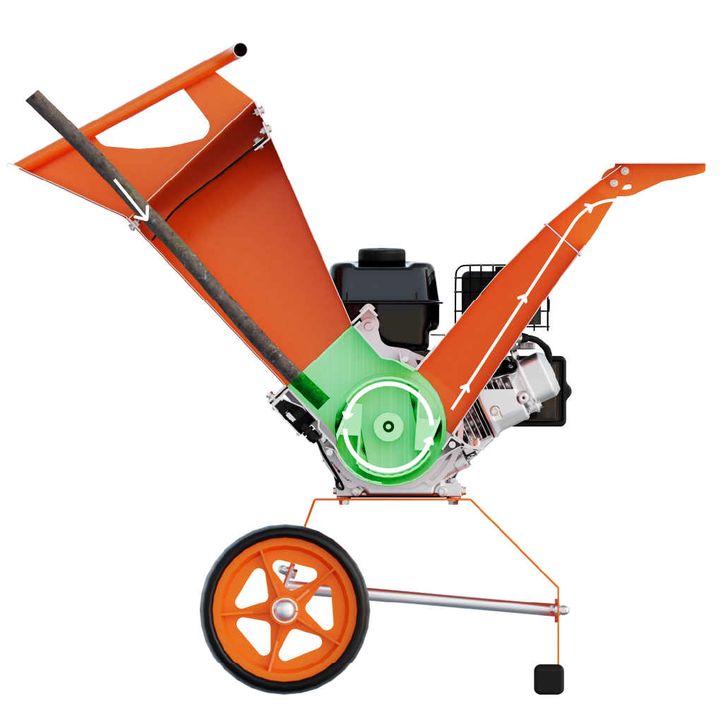 Wood chipper showing branch feed and discharge chute