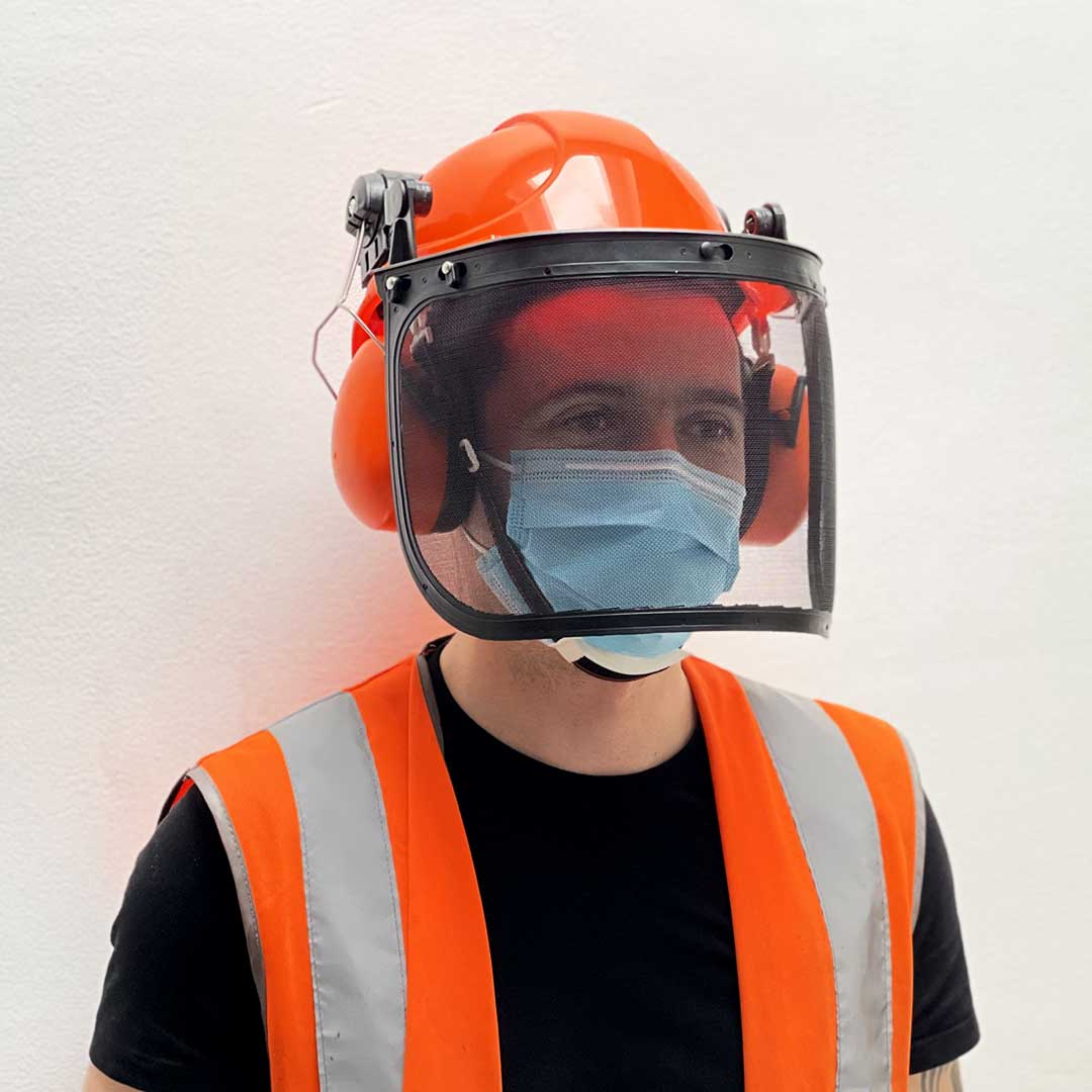 Safety Helmet with Mesh Visor and Ear Defenders