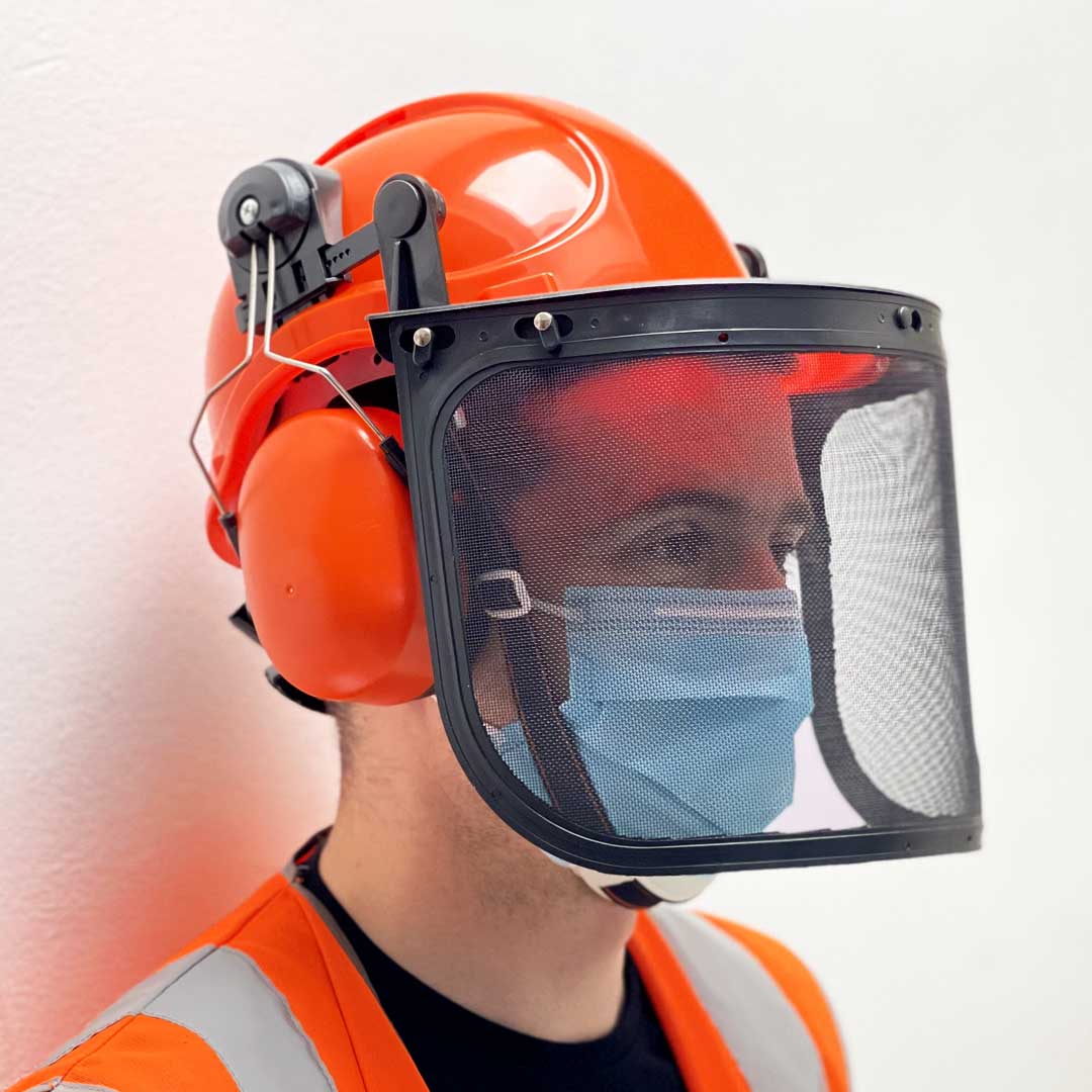 Safety Helmet with Mesh Visor and Ear Defenders