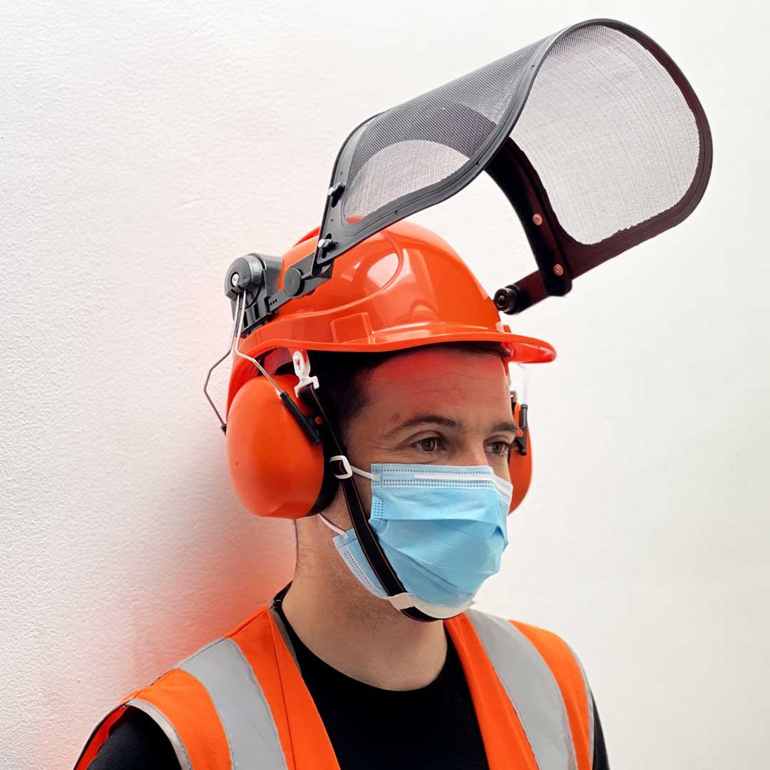Safety Helmet with Mesh Visor and Ear Defenders