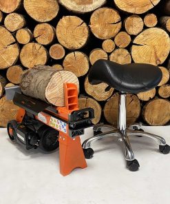 electric log splitter with stool and log background