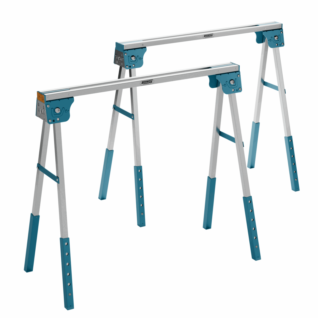 Folding Sawhorse Pair – Adjustable-Height Trestles with Timber Hooks & Non-Slip Feet | Portable Workbench Supports