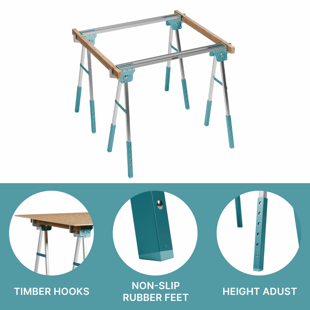 Folding Sawhorse Pair – Adjustable-Height Trestles with Timber Hooks & Non-Slip Feet | Portable Workbench Supports - Image 3